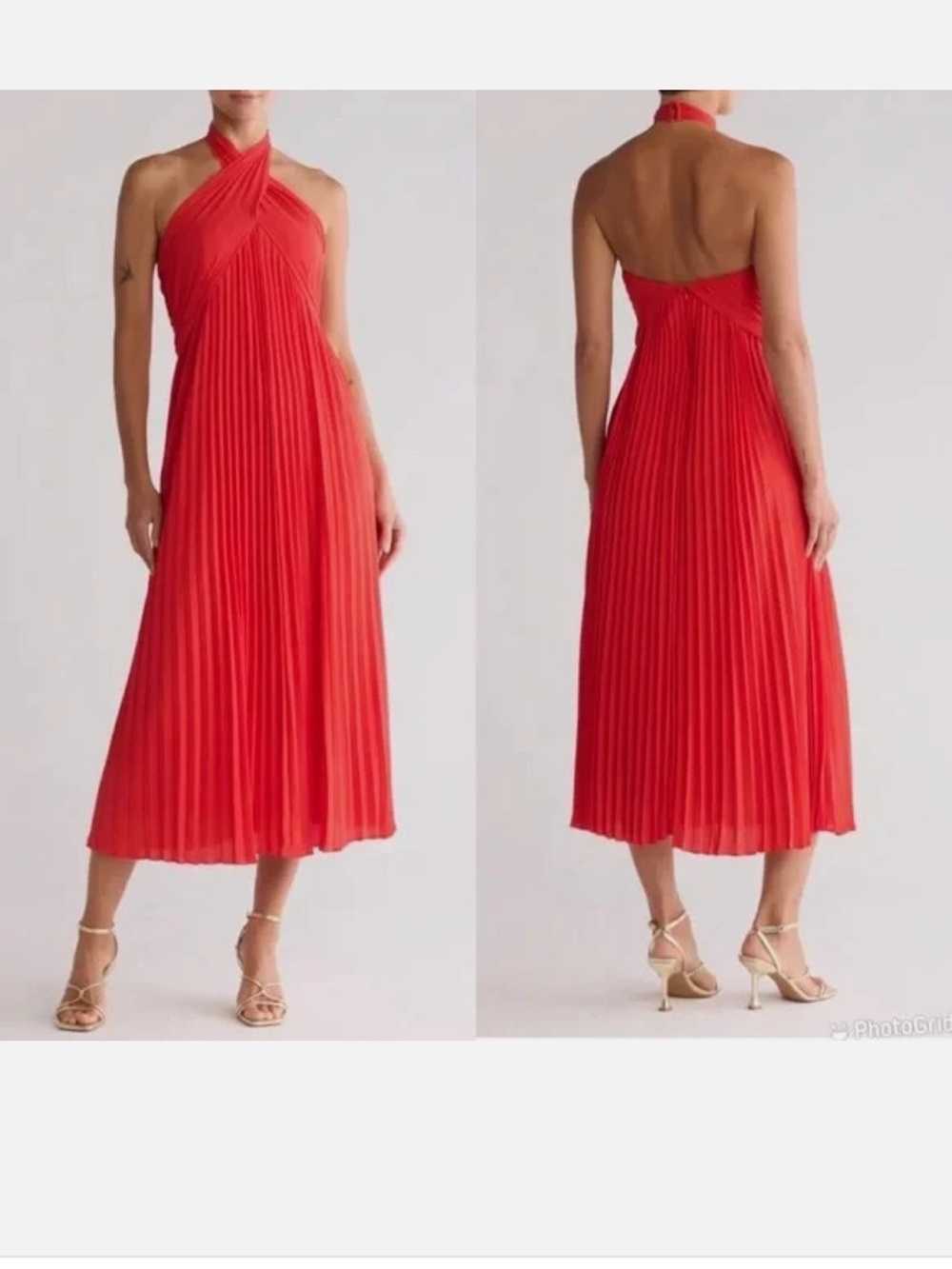 Reiss Coral-Red Pleated Halter Midi Dress